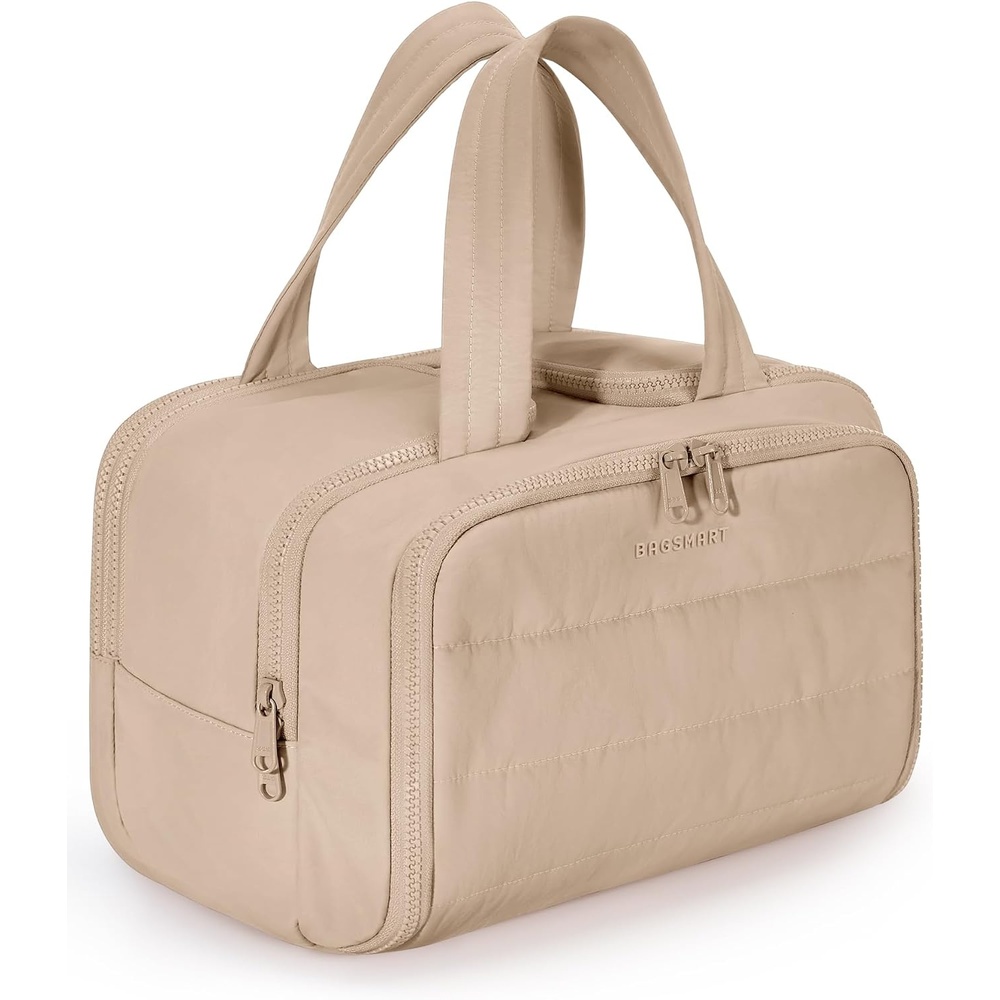 image:imageBAGSMART Travel Toiletry Bag Lightweight Large Wideopen Travel Bag for Women Puffy Cosmetic Makeup Bag Organizer with Handle for AccessoriesEssentials Toiletries Dark PinkgKhaki