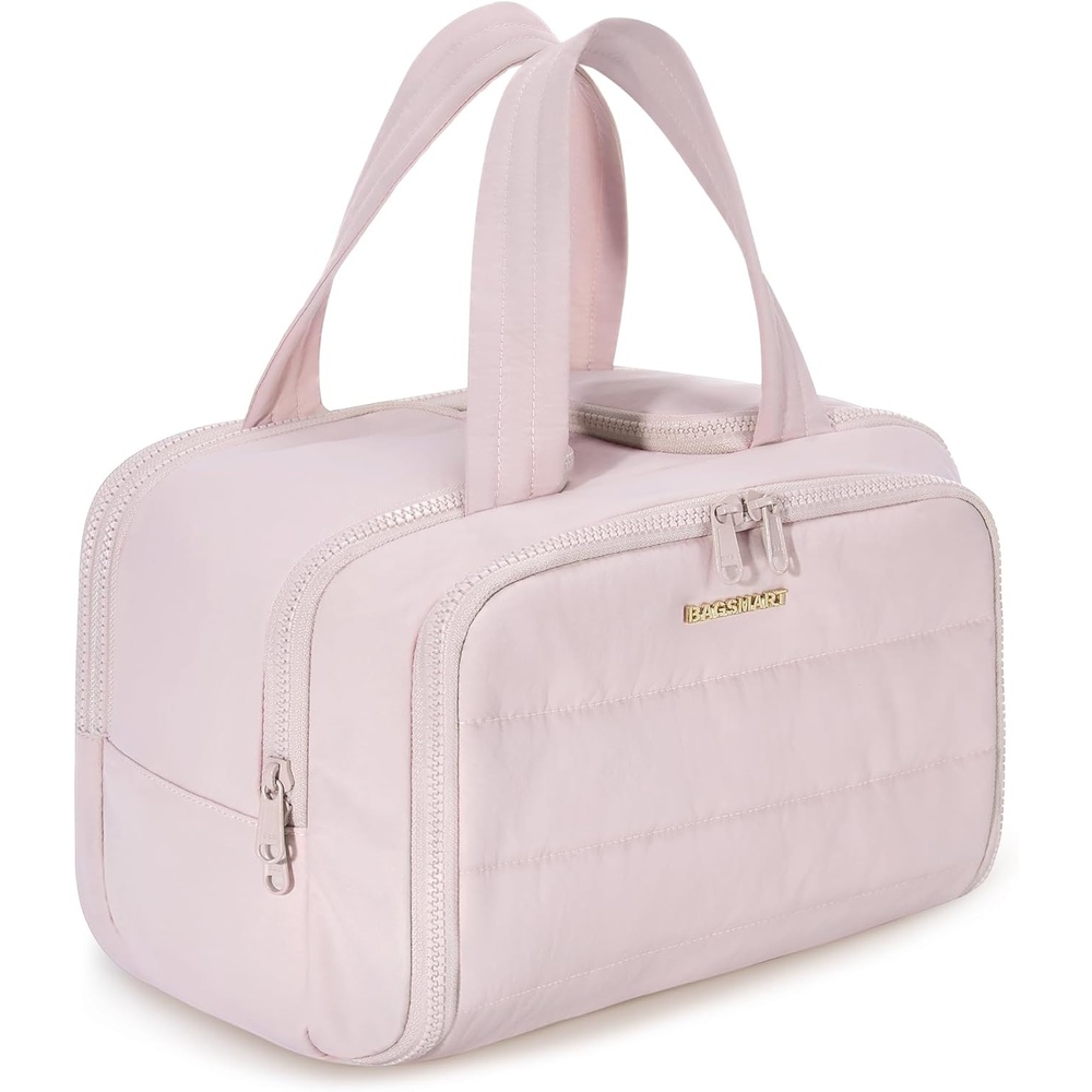 image:imageBAGSMART Travel Toiletry Bag Lightweight Large Wideopen Travel Bag for Women Puffy Cosmetic Makeup Bag Organizer with Handle for AccessoriesEssentials Toiletries Dark PinkdPink
