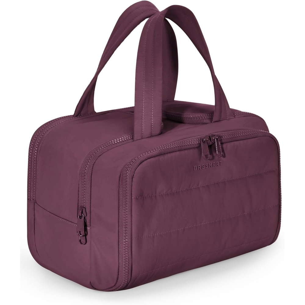 image:imageBAGSMART Travel Toiletry Bag Lightweight Large Wideopen Travel Bag for Women Puffy Cosmetic Makeup Bag Organizer with Handle for AccessoriesEssentials Toiletries Dark PinkCherry Red