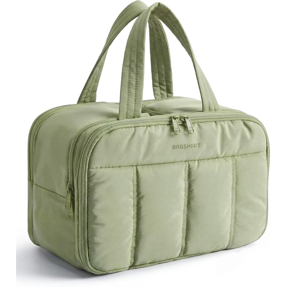 image:imageBAGSMART Travel Toiletry Bag Puffy Large Toiletry Bag for Women Lightweight Cosmetic Makeup Bag Organizer with Handle for Traveling Accessories Essentials Toiletries BlackELight Green
