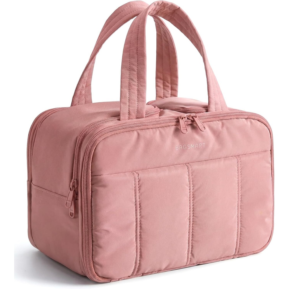 image:imageBAGSMART Travel Toiletry Bag Puffy Large Toiletry Bag for Women Lightweight Cosmetic Makeup Bag Organizer with Handle for Traveling Accessories Essentials Toiletries BlackADark Pink