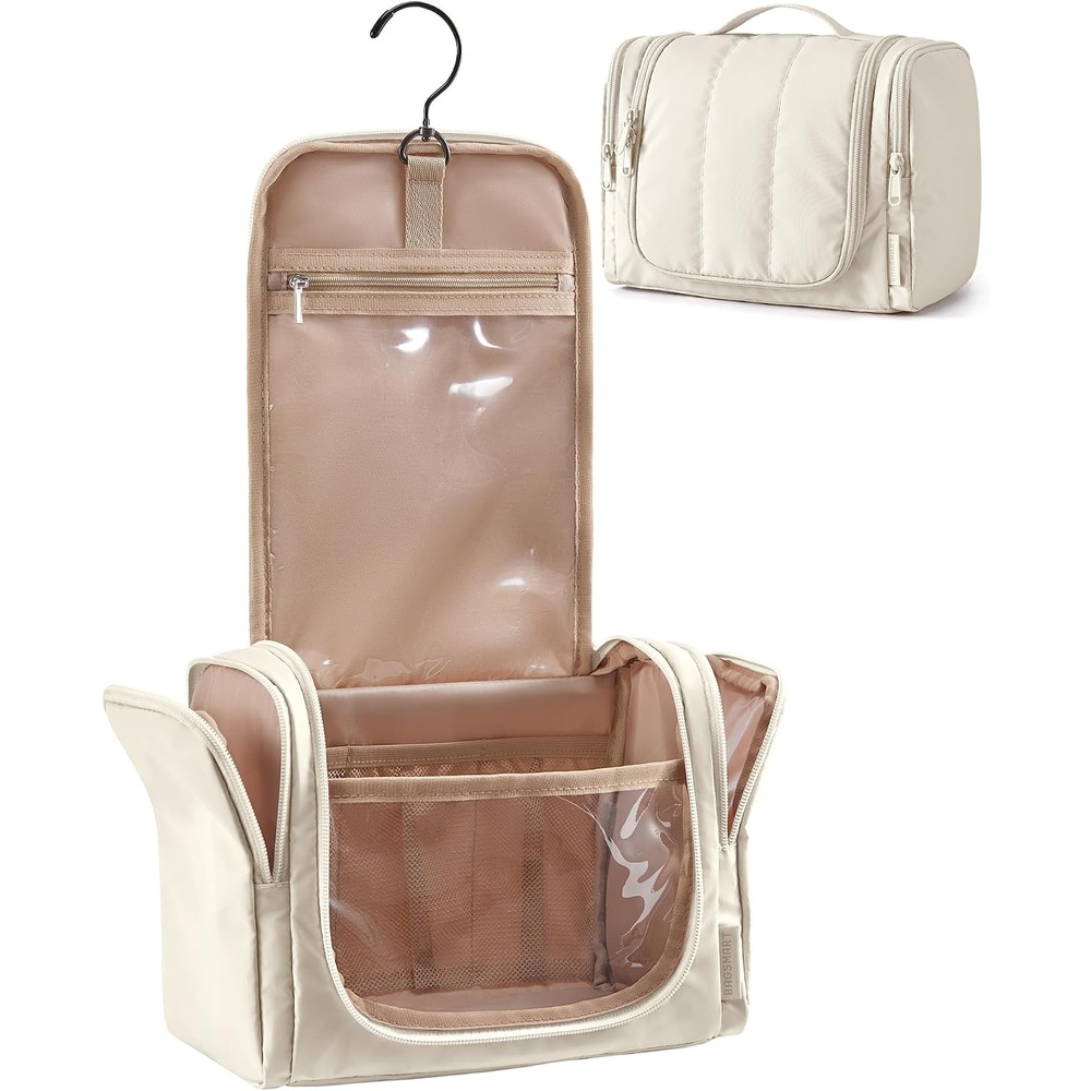 image:imageBAGSMART Travel Toiletry Bag for Women Puffy Hanging Toiletry Bag with Hook Waterresistant Toiletry Organizer for Full Sized Toiletries BlackLight Beige