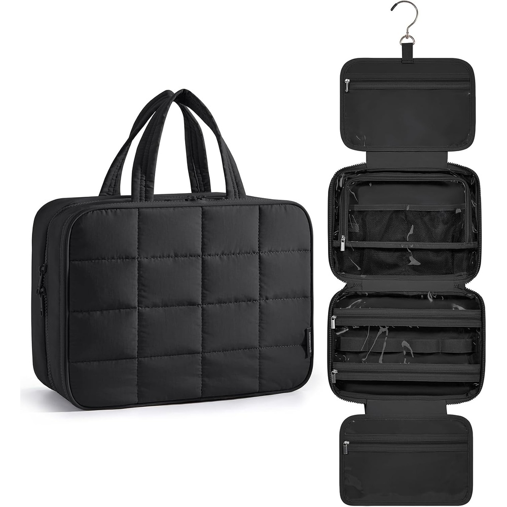 image:imageBAGSMART Travel Toiletry Bag for Womne Hanging Travel Bag for Toiletries Puffy Makeup Cosmetic Bag Organizer Carryon Travel Accessories Essentials CamelBlack