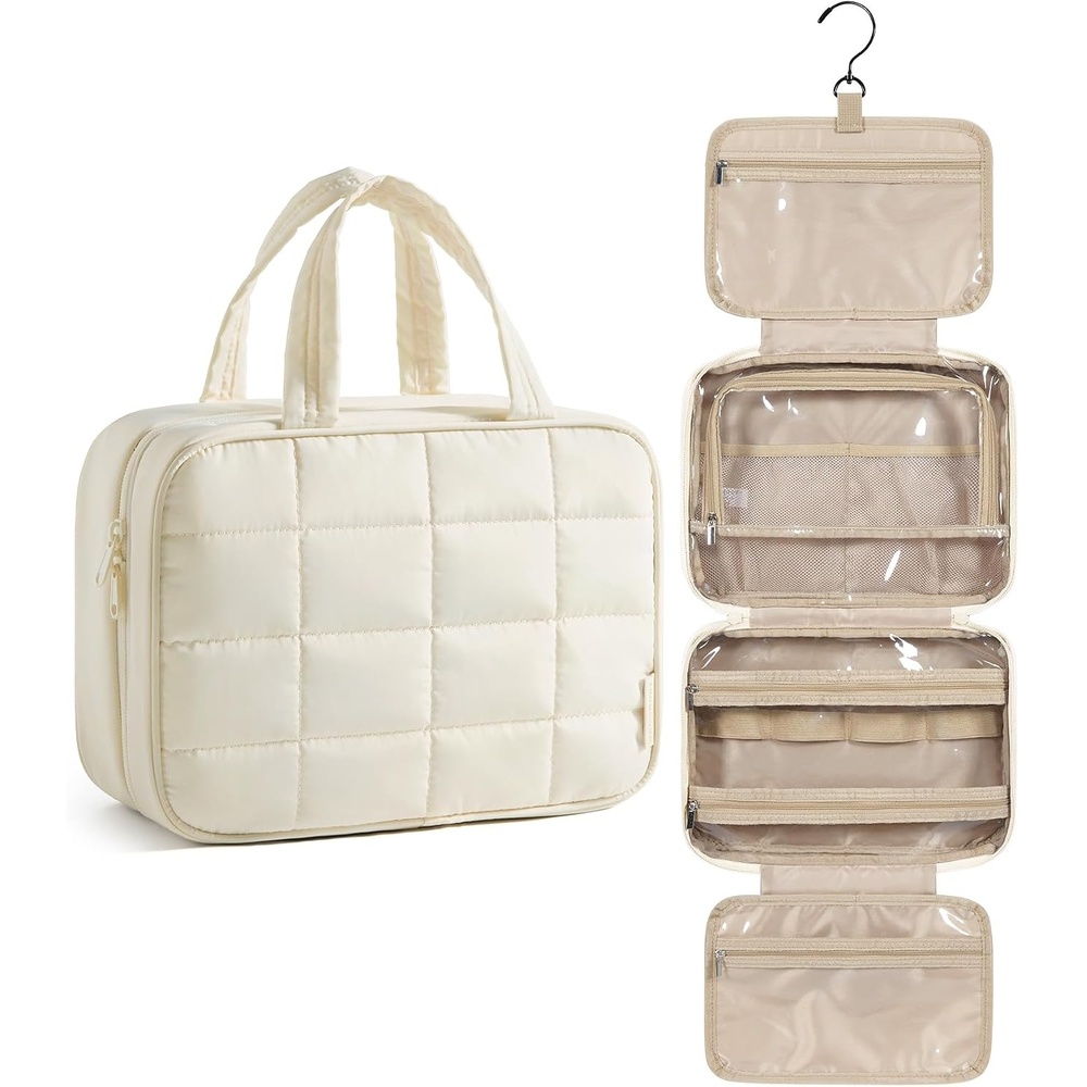 image:imageBAGSMART Travel Toiletry Bag for Womne Hanging Travel Bag for Toiletries Puffy Makeup Cosmetic Bag Organizer Carryon Travel Accessories Essentials CamelBeige3