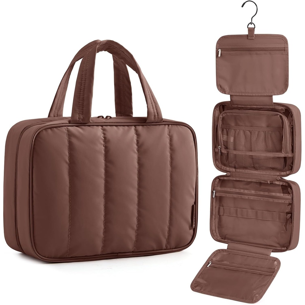 image:imageBAGSMART Travel Toiletry Bag for women Portable Hanging Hook Makeup Bag Organizer Waterproof Makeup Cosmetic Bag for FullSize Accessories Toiletries PinkCoffee Brown