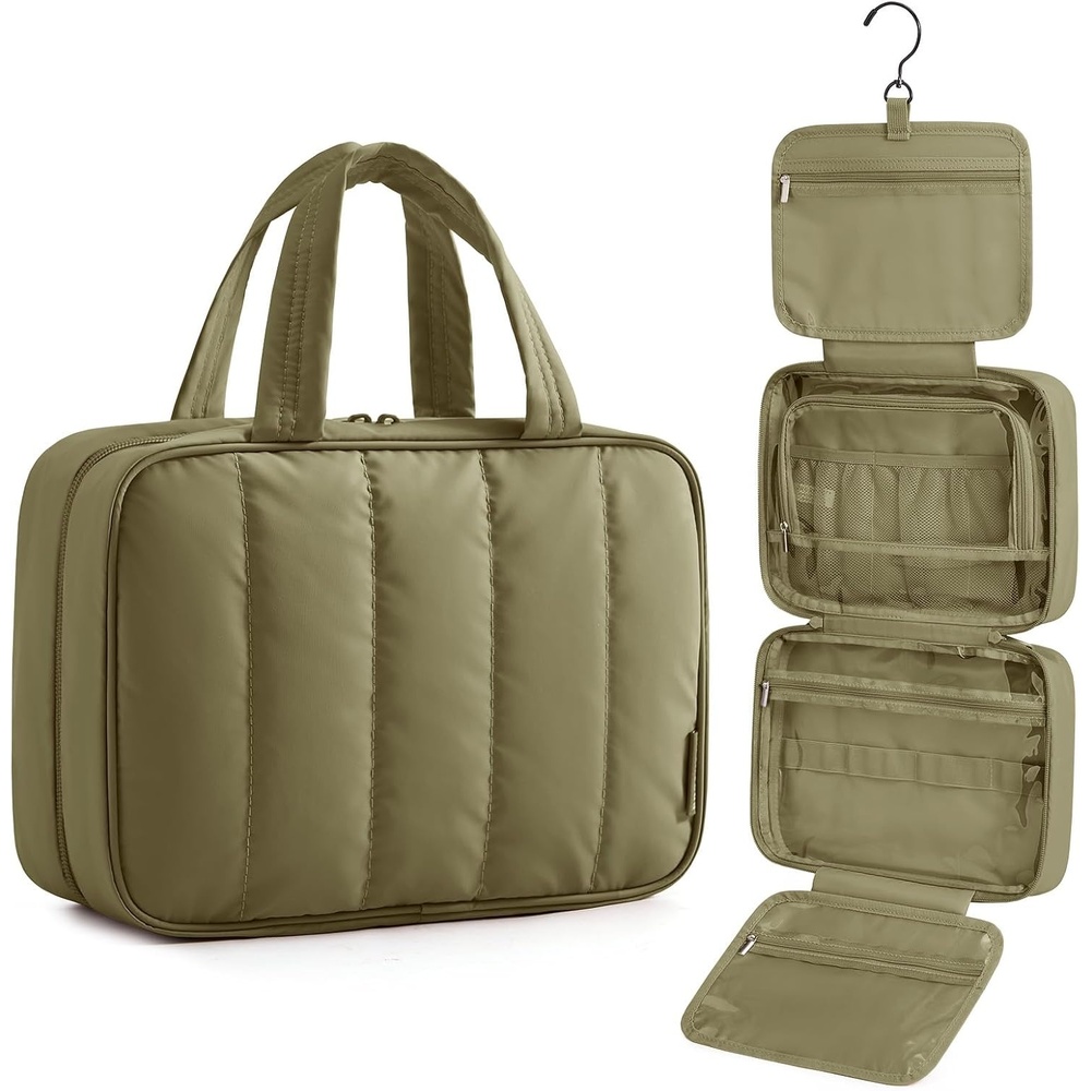 image:imageBAGSMART Travel Toiletry Bag for women Portable Hanging Hook Makeup Bag Organizer Waterproof Makeup Cosmetic Bag for FullSize Accessories Toiletries PinkOlive green