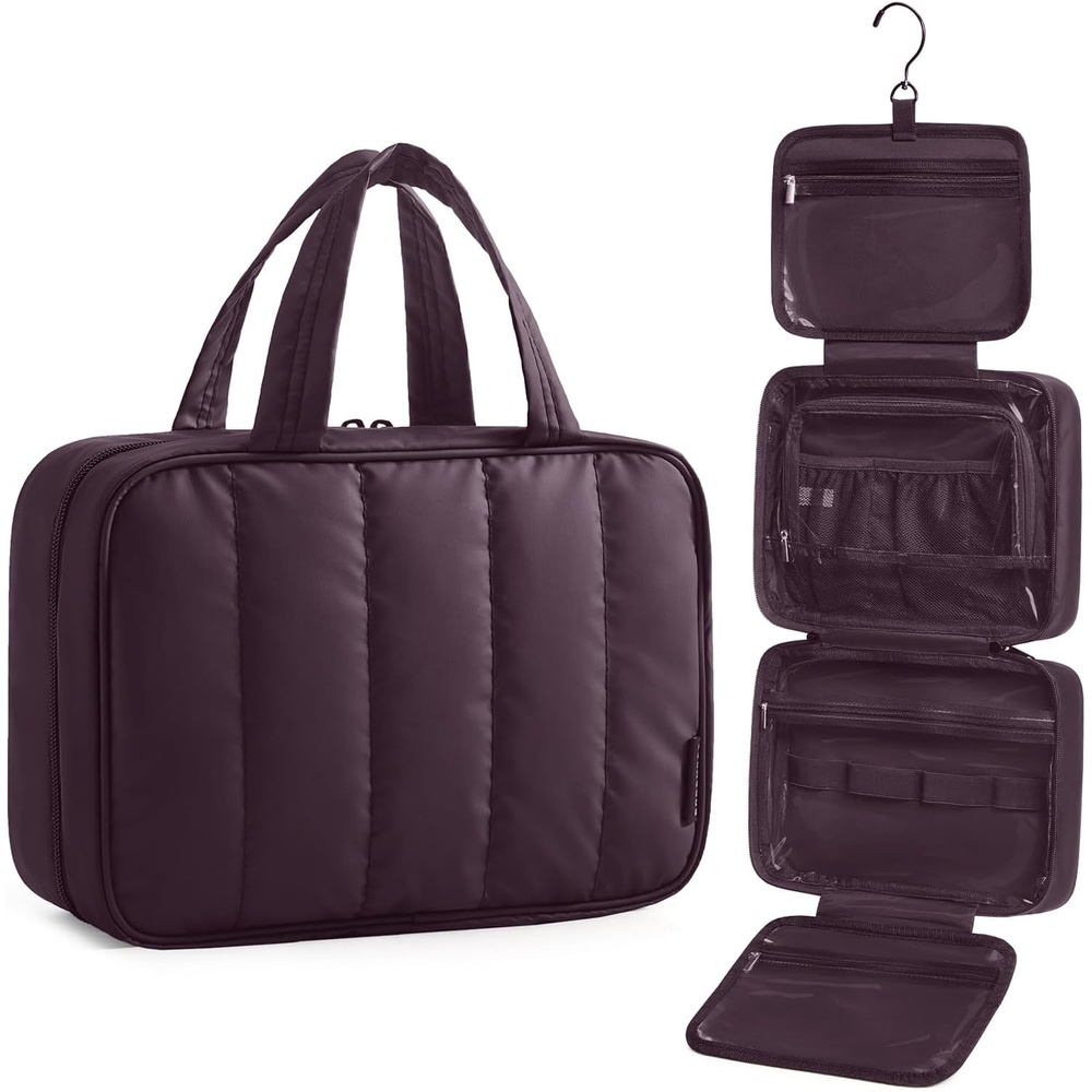 image:imageBAGSMART Travel Toiletry Bag for women Portable Hanging Hook Makeup Bag Organizer Waterproof Makeup Cosmetic Bag for FullSize Accessories Toiletries PinkCrimson Purple