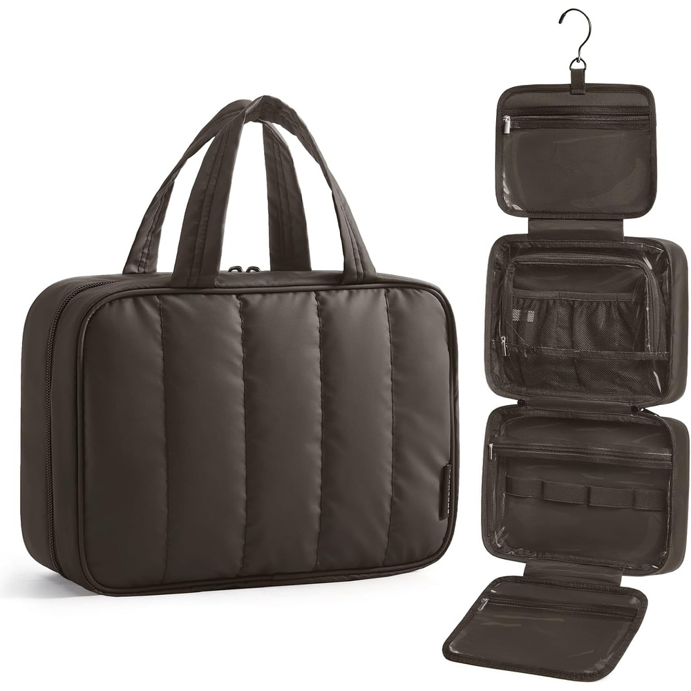 image:imageBAGSMART Travel Toiletry Bag for women Portable Hanging Hook Makeup Bag Organizer Waterproof Makeup Cosmetic Bag for FullSize Accessories Toiletries PinkCharcoal Grey