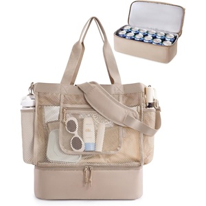 BAGSMART Beach Bag for Women, Mesh Tote Bags with Zipper, Sandproof Vacation Essentials with Cooler for Swim Cruise Pool(A-camel)