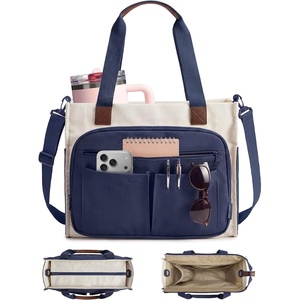 BAGSMART Canvas Tote Bag for Women, Small Work Tote Bag with Zipper(Deep Blue)