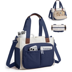 BAGSMART Canvas Tote Bag for Women, Small Work Tote Bag with Zipper(Navy)