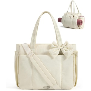 BAGSMART Crush Bow Tote Bag for Women, Puffer Travel Work Yoga Laptop Bag(Beige)