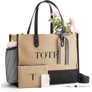 BAGSMART Personalized DIY Tote Bag for Women, 20.6L/24L Shoulder Handbag(Black Jute)