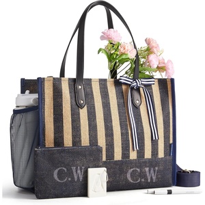 BAGSMART Personalized DIY Tote Bag for Women, 20.6L/24L Shoulder Handbag(Navy Stripe)