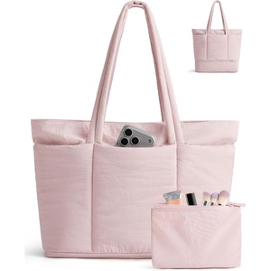 BAGSMART Puffer Tote Bag for Women, Expandable Teacher Handbag w/Pouch(Candy Pink)