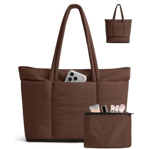 BAGSMART Puffer Tote Bag for Women, Expandable Teacher Handbag w/Pouch(Coffee Brown)