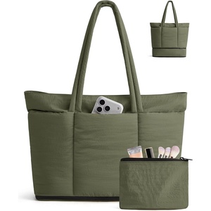BAGSMART Puffer Tote Bag for Women, Expandable Teacher Handbag w/Pouch(Forest Green)