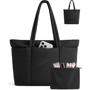 BAGSMART Puffer Tote Bag for Women, Expandable Teacher Handbag w/Pouch(Jet Black)