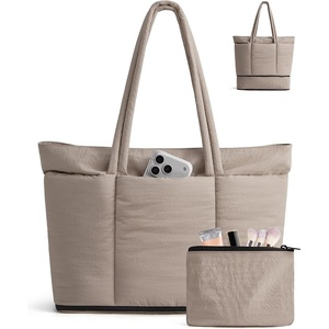 BAGSMART Puffer Tote Bag for Women, Expandable Teacher Handbag w/Pouch(Latte Brown)