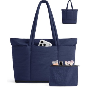BAGSMART Puffer Tote Bag for Women, Expandable Teacher Handbag w/Pouch(Navy Blue)