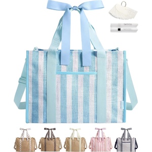 BAGSMART Tote Bag for Women, Personalized Teacher Appreciation Gifts(Jute Light Blue Stripes)