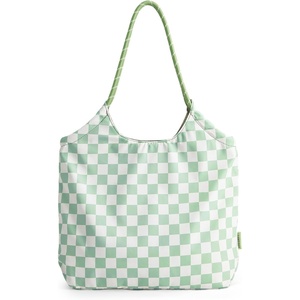BAGSMART Tote Bag for Women, Travel Tote Beach Bag with Zipper for Gym(Blue-gray-green Checkerboard Pattern)
