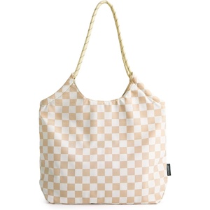 BAGSMART Tote Bag for Women, Travel Tote Beach Bag with Zipper for Gym(Khaki Checkerboard Pattern)