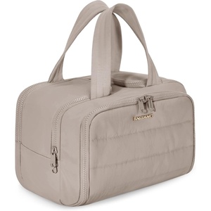 BAGSMART Travel Toiletry Bag, Lightweight Large Wide-open Travel Bag for Women, Puffy Cosmetic Makeup Bag Organizer with Handle for Accessories,Essentials, Toiletries, Dark Pink(c-Grayish Brown)