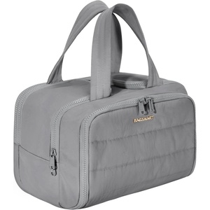 BAGSMART Travel Toiletry Bag, Lightweight Large Wide-open Travel Bag for Women, Puffy Cosmetic Makeup Bag Organizer with Handle for Accessories,Essentials, Toiletries, Dark Pink(e-Grey)