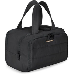 BAGSMART Travel Toiletry Bag, Lightweight Large Wide-open Travel Bag for Women, Puffy Cosmetic Makeup Bag Organizer with Handle for Accessories,Essentials, Toiletries, Dark Pink(Black)