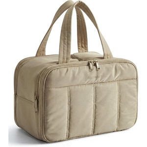 BAGSMART Travel Toiletry Bag, Puffy Large Toiletry Bag for Women, Lightweight Cosmetic Makeup Bag Organizer with Handle for Traveling, Accessories, Essentials, Toiletries (Black)(D-Light Camel)