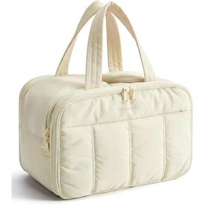 BAGSMART Travel Toiletry Bag, Puffy Large Toiletry Bag for Women, Lightweight Cosmetic Makeup Bag Organizer with Handle for Traveling, Accessories, Essentials, Toiletries (Black)(C-Beige)