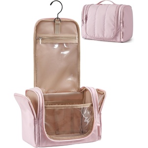 BAGSMART Travel Toiletry Bag for Women, Puffy Hanging Toiletry Bag with Hook, Water-resistant Toiletry Organizer for Full Sized Toiletries (Black)(Baby Pink)