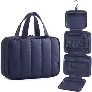 BAGSMART Travel Toiletry Bag for women, Portable Hanging Hook Makeup Bag Organizer, Waterproof Makeup Cosmetic Bag, for Full-Size Accessories, Toiletries, Pink(Navy Blue)
