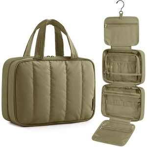 BAGSMART Travel Toiletry Bag for women, Portable Hanging Hook Makeup Bag Organizer, Waterproof Makeup Cosmetic Bag, for Full-Size Accessories, Toiletries, Pink(Olive green)
