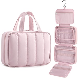 BAGSMART Travel Toiletry Bag for women, Portable Hanging Hook Makeup Bag Organizer, Waterproof Makeup Cosmetic Bag, for Full-Size Accessories, Toiletries, Pink(Pink)