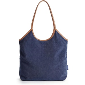 BAGSMRT Corduroy Tote Bag for Women with Zipper Casual Shoulder Bag(Navy Blue)