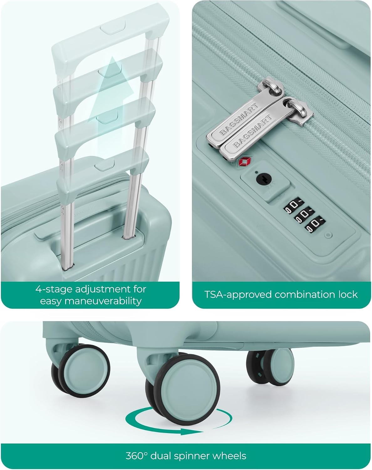 image:imageBAGSMART 20 Expandable PC CarryOn Luggage Spinner Wheels GreenDark Sea Green