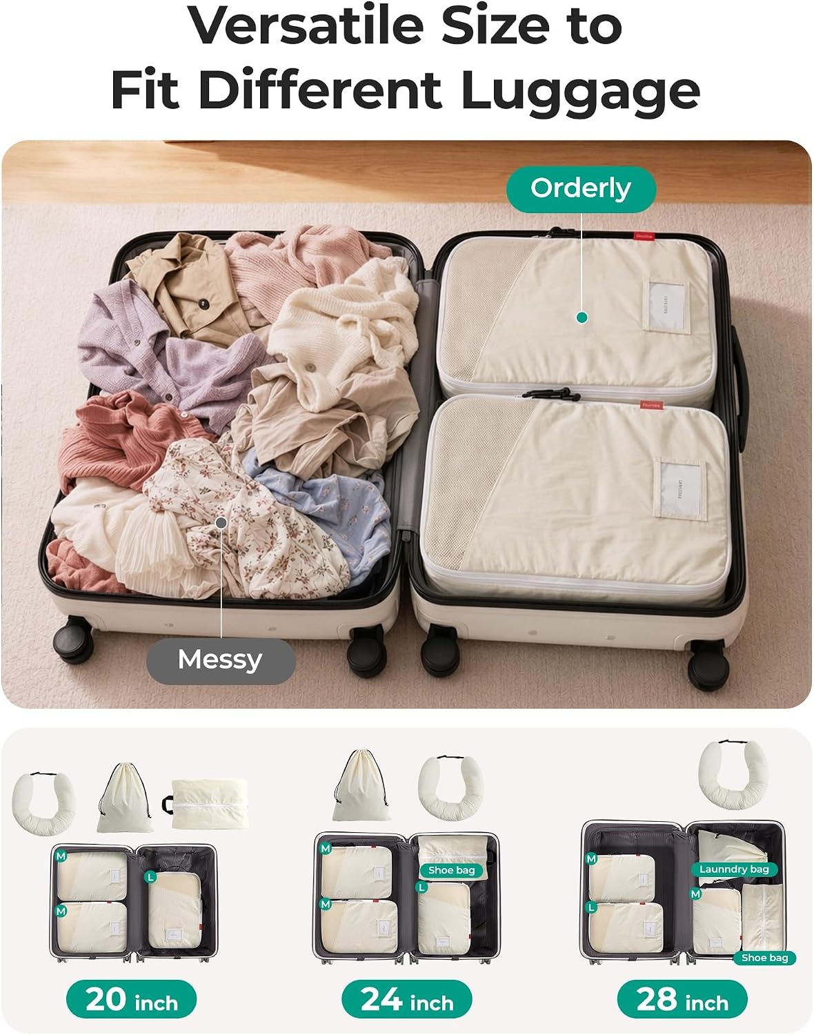 image:imageBAGSMART 6 Set Packing Cubes for Travel with Fillable Neck Pillow Shoe BagBeige
