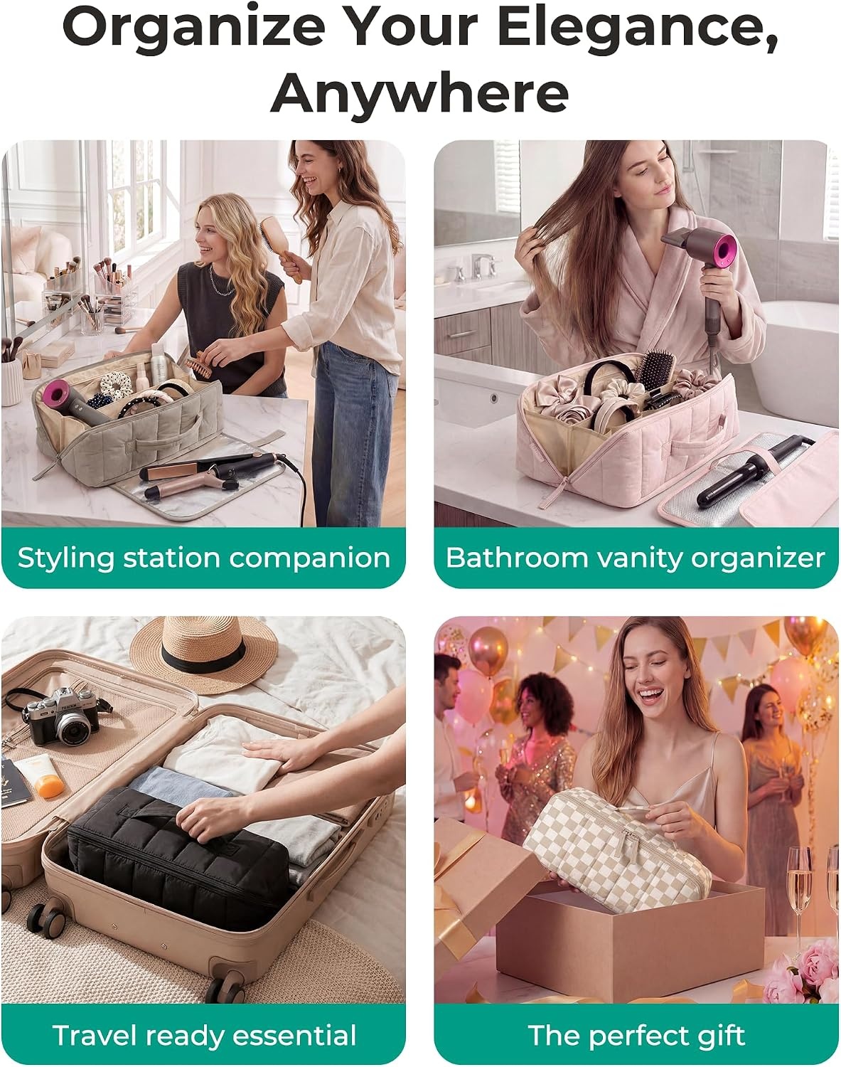 image:imageBAGSMART Hair Tool Travel Bag Compatible with Shark FlexStyle Wide OpenKhaki Brown Checkered Print