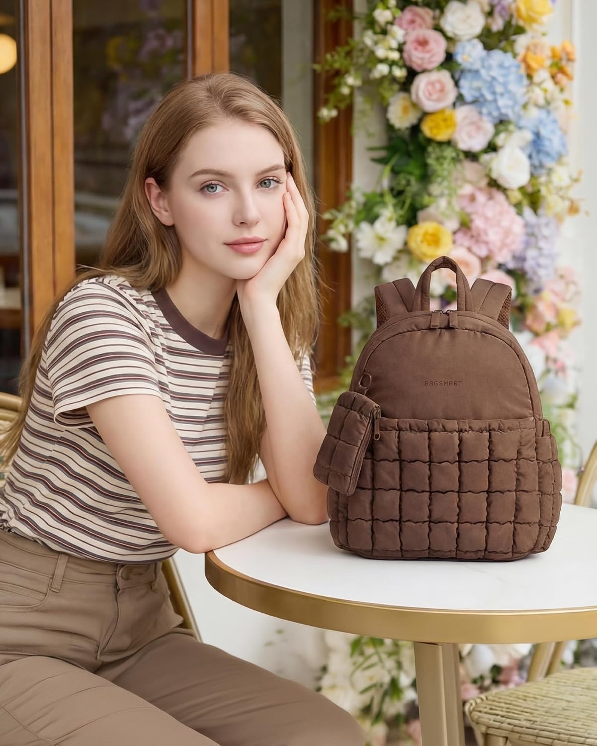image:imageBAGSMART Small Backpacks for Women Puffer Mini Backpack Purse with PouchCcoffee Brown