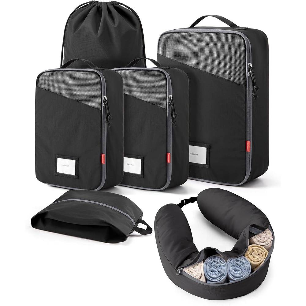 image:imageBAGSMART 6 Set Packing Cubes for Travel with Fillable Neck Pillow Shoe BagBlack