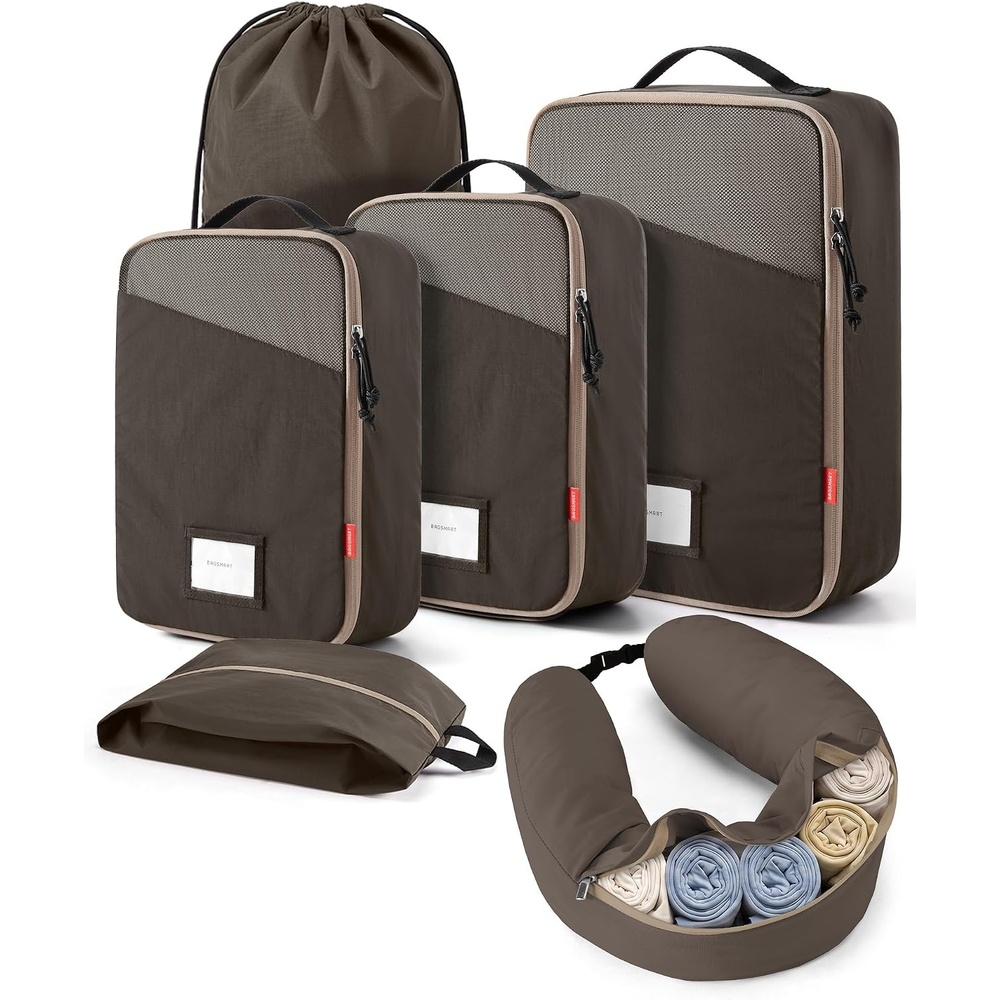 image:imageBAGSMART 6 Set Packing Cubes for Travel with Fillable Neck Pillow Shoe BagCharcoal Grey