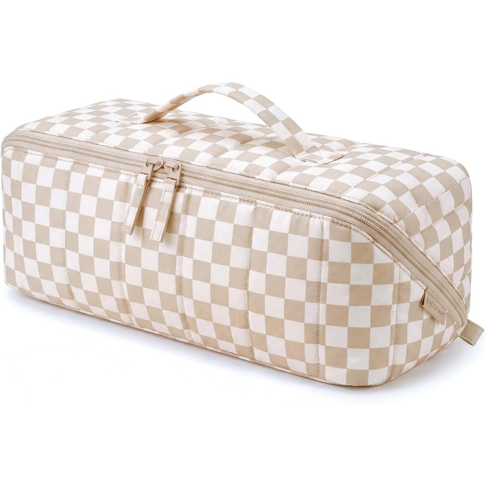 image:imageBAGSMART Hair Tool Travel Bag Compatible with Shark FlexStyle Wide OpenKhaki Brown Checkered Print