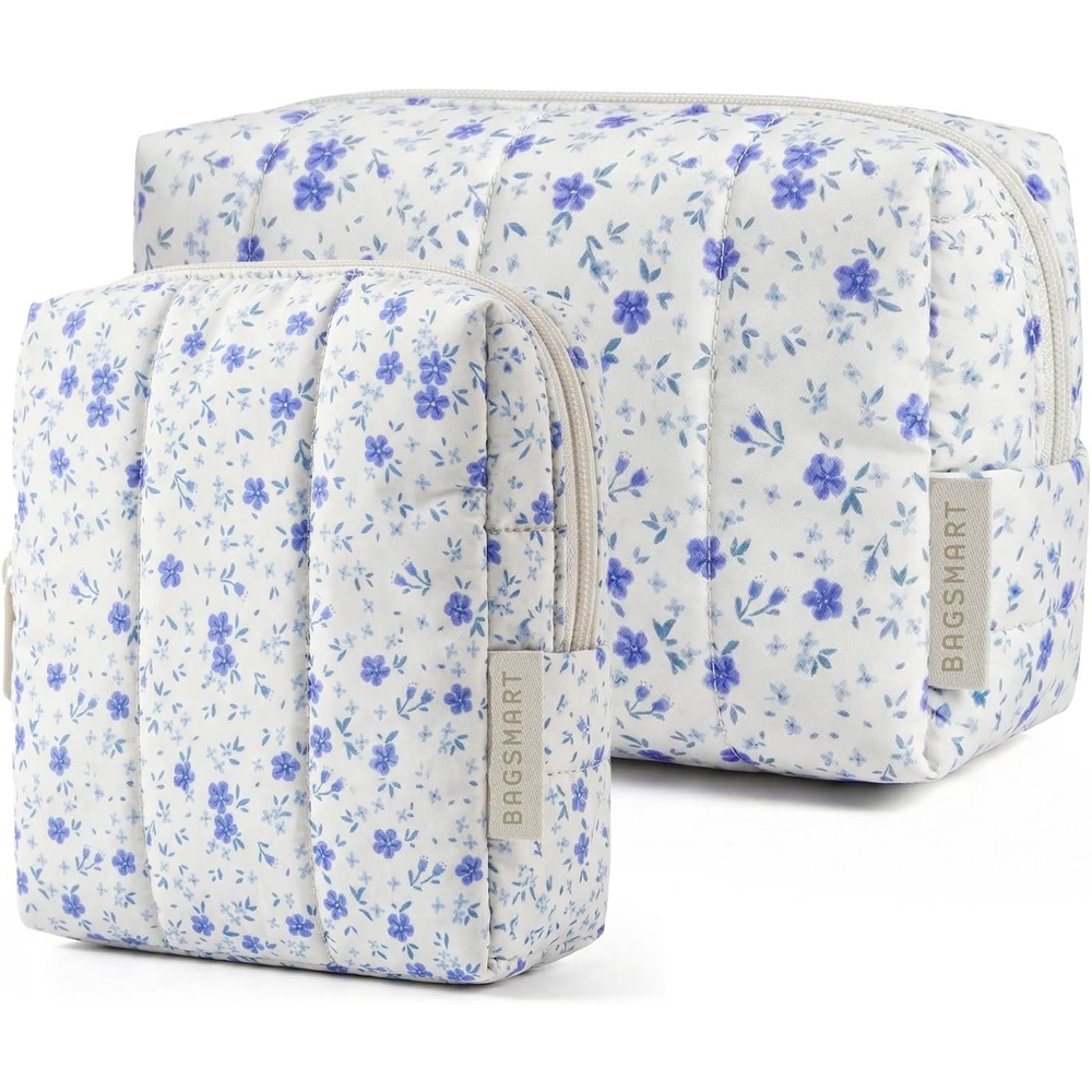 image:imageBAGSMART Puffy Padded Travel Makeup Bag Duo Large amp Small for Women Black18Blue Ditsy Floral