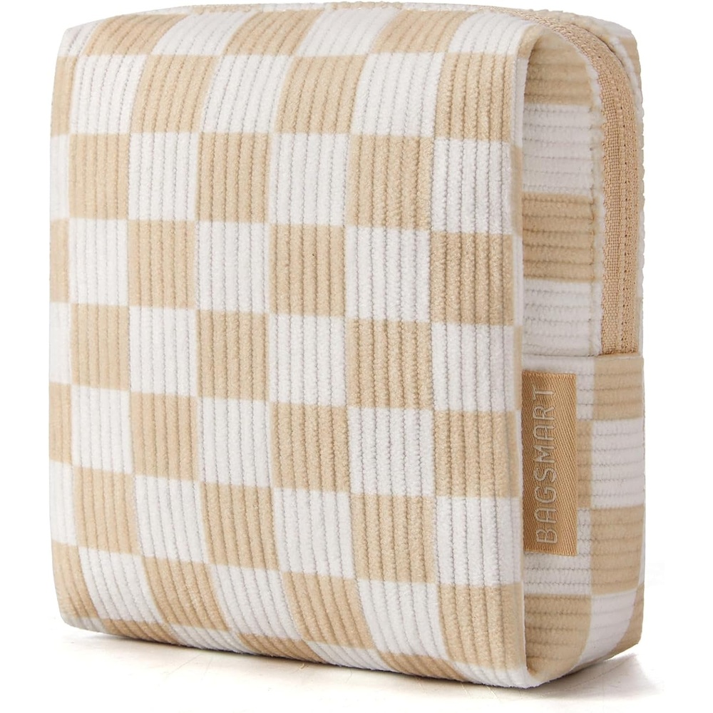 image:imageBAGSMART Small Corduroy Makeup Bag Cosmetic Pouch for Women with Pocket01Khaki Checkered Print Mini