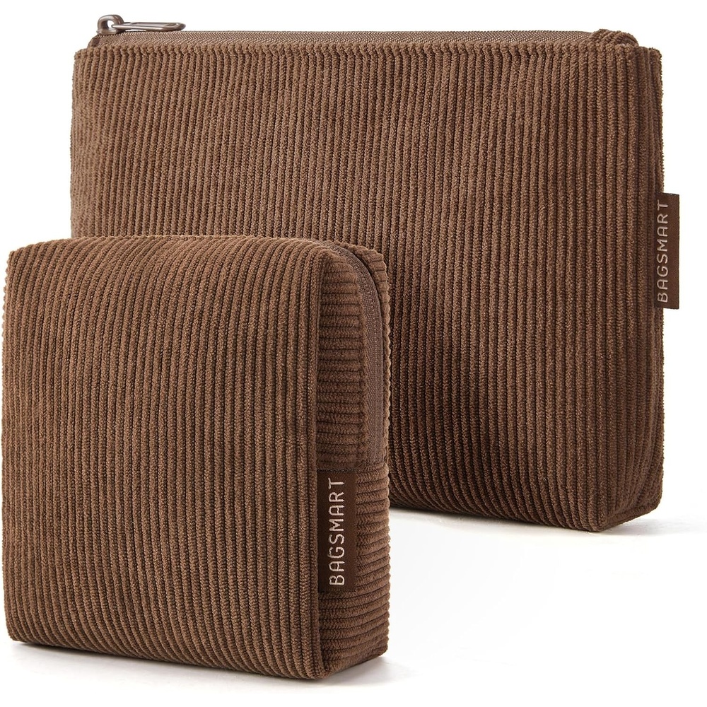 image:imageBAGSMART Small Corduroy Makeup Bag Cosmetic Pouch for Women with Pocket02Coffee Brown Set