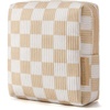 BAGSMART Small Corduroy Makeup Bag, Cosmetic Pouch for Women with Pocket(01-Khaki Checkered Print Mini)