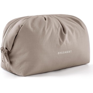BAGSMART Makeup Bag Travel Toiletry Bag, Cute Make Up Bag, Large Capacity Cosmetic Bags for Women, Wide-open Makeup Pouch Travel Essentials Toiletries Accessories Brushes (Pink)(Camel)