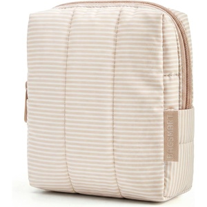 BAGSMART Puffy Padded Travel Makeup Bag Duo Large & Small for Women, Black(10-Khaki Strip)